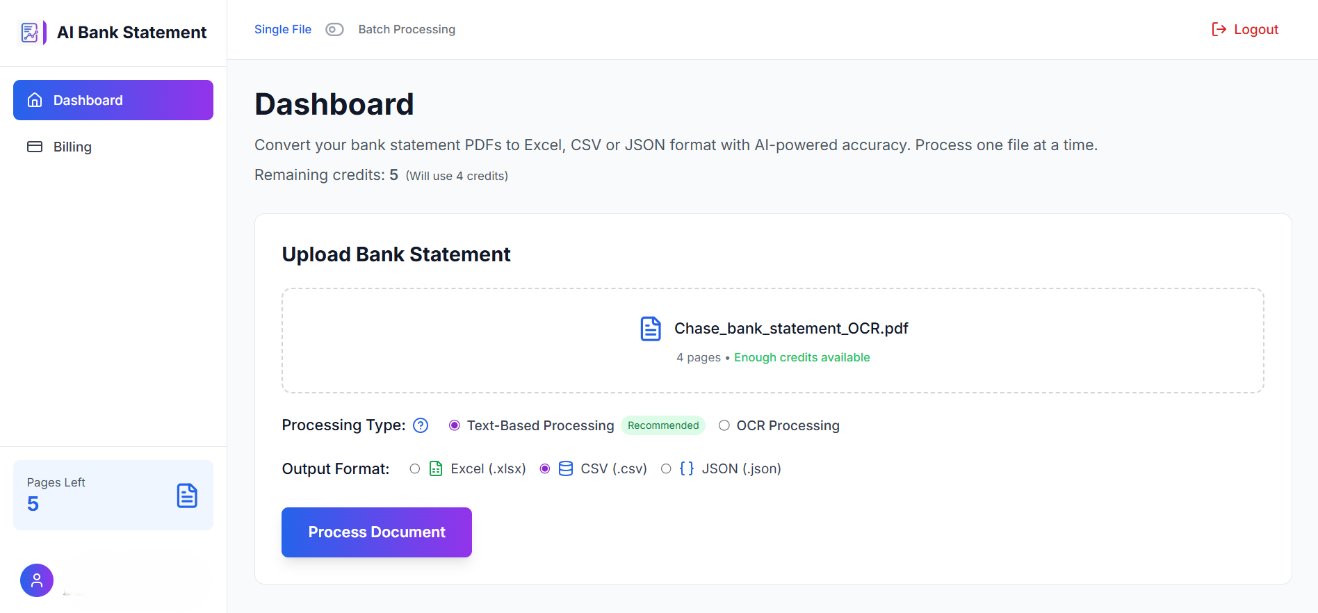 Upload a PDF Bank Statement